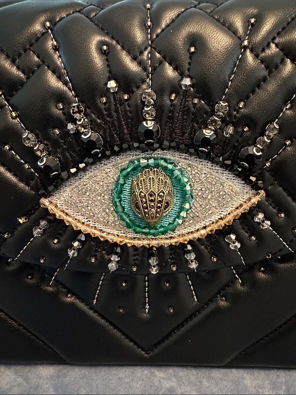 Kurt Geiger Black Quilted Shoulder Bag with Embellished Green Eye - Picture 2 of 8